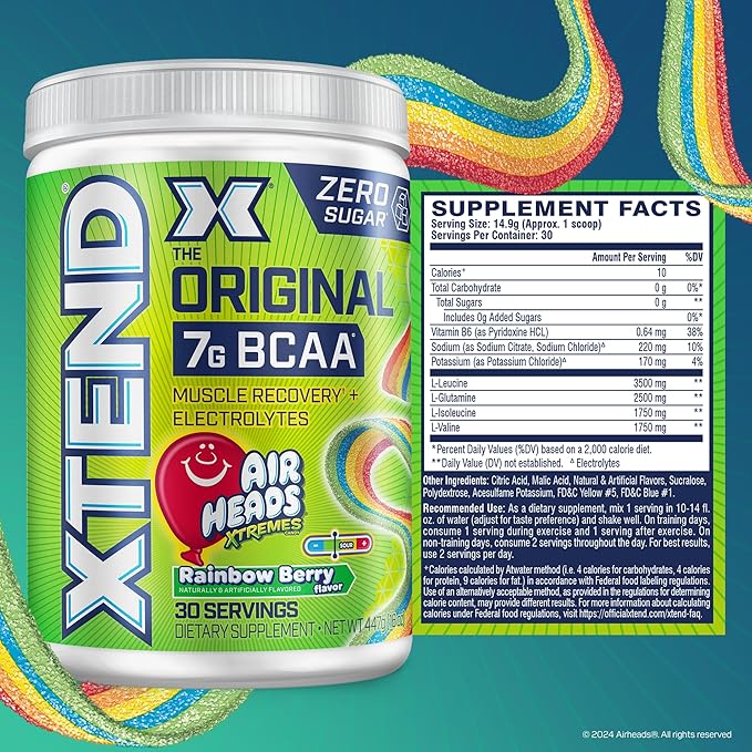 Original BCAA Powder Airheads Rainbow Berry Flavor, 7g BCAA and 2.5g L-Glutamine, Sugar Free Post Workout Muscle Recovery Drink with Amino Acids for Men & Women, 30 Servings