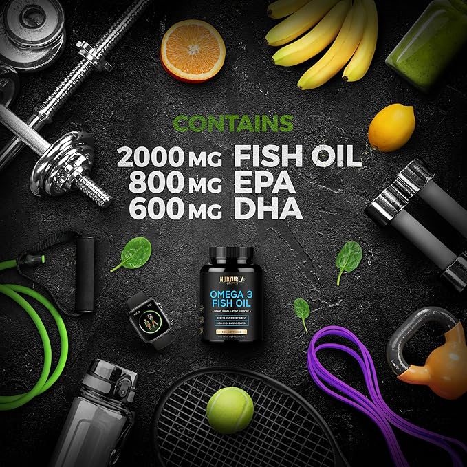 Omega 3 Fish Oil 2000mg, 800mg EPA and 600mg DHA - Enteric Coated and Burpless - Supports Brain, and Heart - Burpless, Non-GMO, 3rd Party Lab Tested and NSF Certified - 120 Softgels