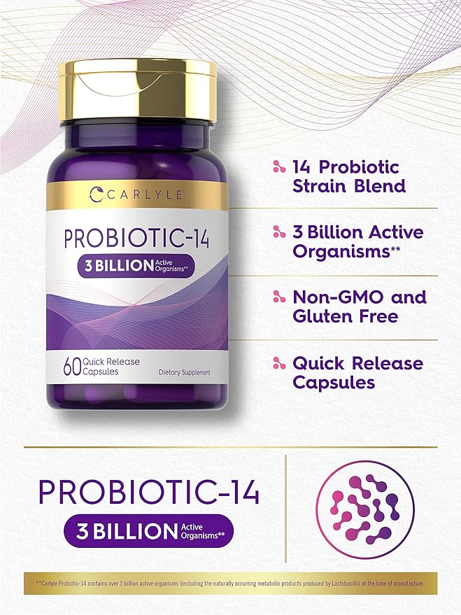 Carlyle Probiotic for Women & Men | 3 Billion CFU | 60 Capsules | 14 Strains | Non-GMO & Gluten Free