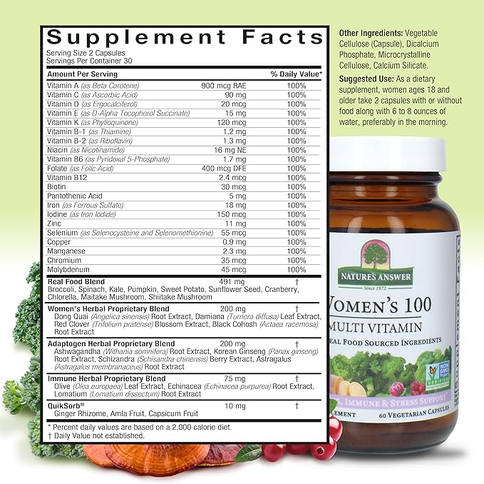 Nature's Answer Womens 100 Multi Vitamin | 60 Vegetarian Capsules | Supports Overall Wellness | Promotes Immune Function | Non GMO | Vegan | Kosher | Made in The USA
