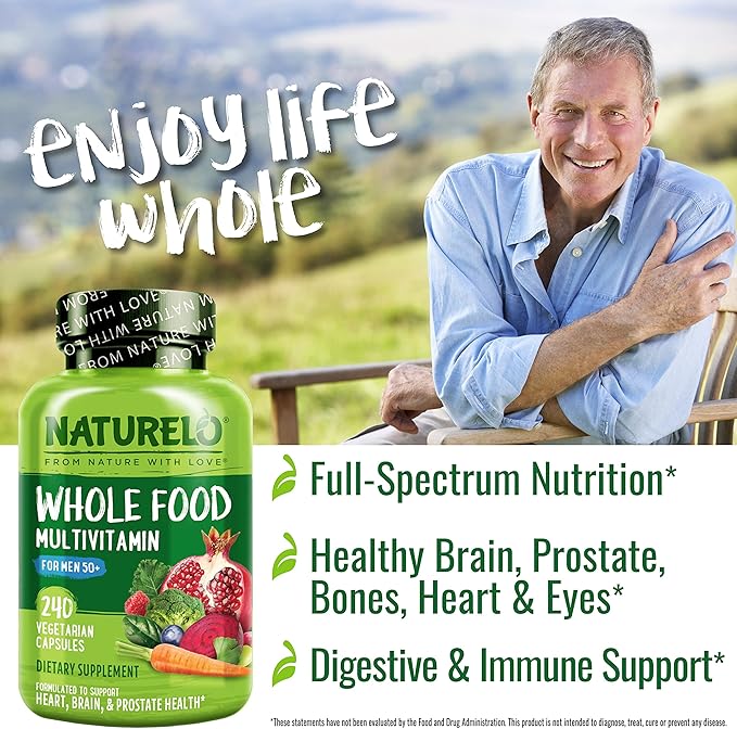 NATURELO Whole Food Multivitamin for Men 50+ - with Vitamins, Minerals, Organic Herbal Extracts - Vegan Vegetarian - for Energy, Brain, Heart and Eye Health - 240 Capsules