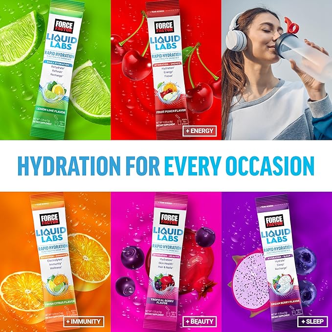 Force Factor Liquid Labs Immunity Electrolytes Powder & Immune Support Supplement,Hydration Packets with Immunity Vitamins,Electrolytes,Minerals,& Antioxidants,Fresh Citrus Flavor,20 Stick Packs