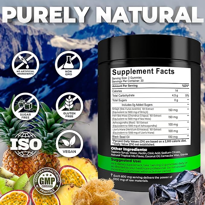 Organic Shilajit Gummies with Sea Moss Gummies - Shilajit Supplement for Immune Support - Pure Himalayan Shilajit and Ashwagandha with Sea Moss and Shilajit, Lion’s Mane Extract and Black Seed Oil