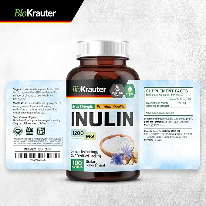 BIO KRAUTER Inulin Powder Capsules - 1200 mg Strength - 100 Count - Pure Soluble Fiber Supplements - Chicory Root Fiber Capsules for Digestive Support - Vegan