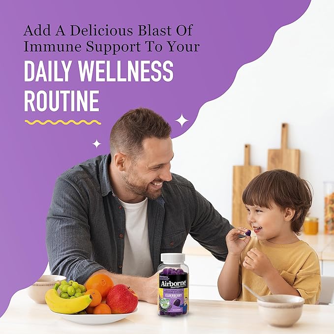 Airborne Elderberry + Zinc & Vitamin C Gummies for Adults, Immune Support Vitamin D & Zinc Gummies with Powerful Antioxidant Vitamins C D & E - 130 Gummies, Elderberry Flavor