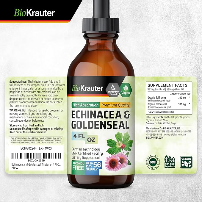 BIO KRAUTER Echinacea and Goldenseal Root Liquid Extract - Natural Immune Support - Echinacea Drops with Goldenseal - Vegan, Alcohol & Sugar Free Tincture - 4 Fl.Oz.
