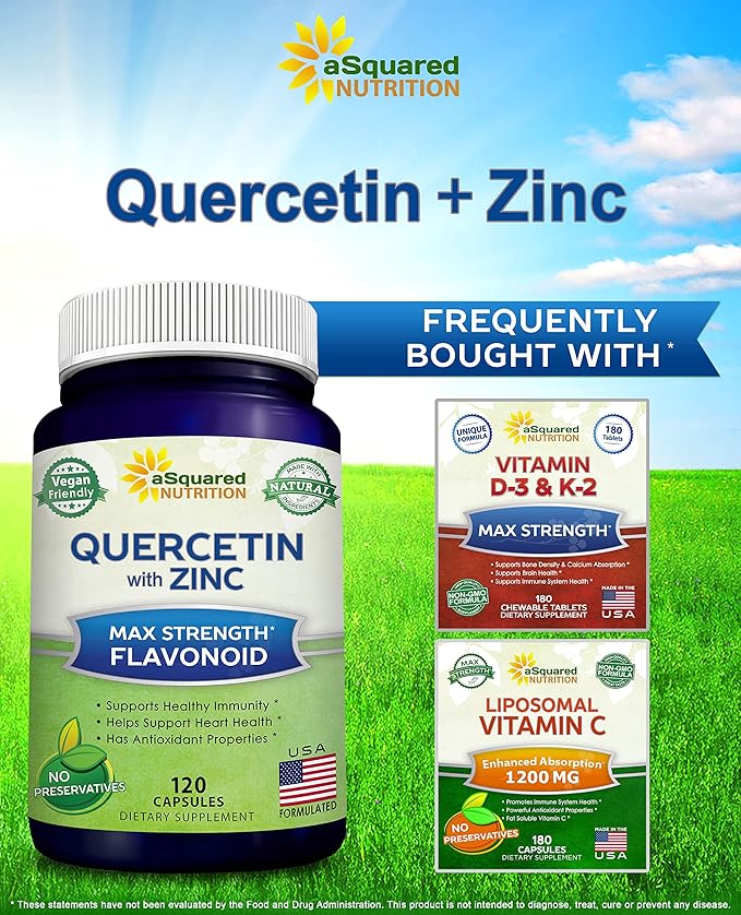 aSquared Nutrition Quercetin 1000mg with Zinc Supplement - 120 Capsules - Quercetin Dihydrate with Black Elderberry & Zinc - Max Strength Powder Complex Pills to Help Improve Immune Response