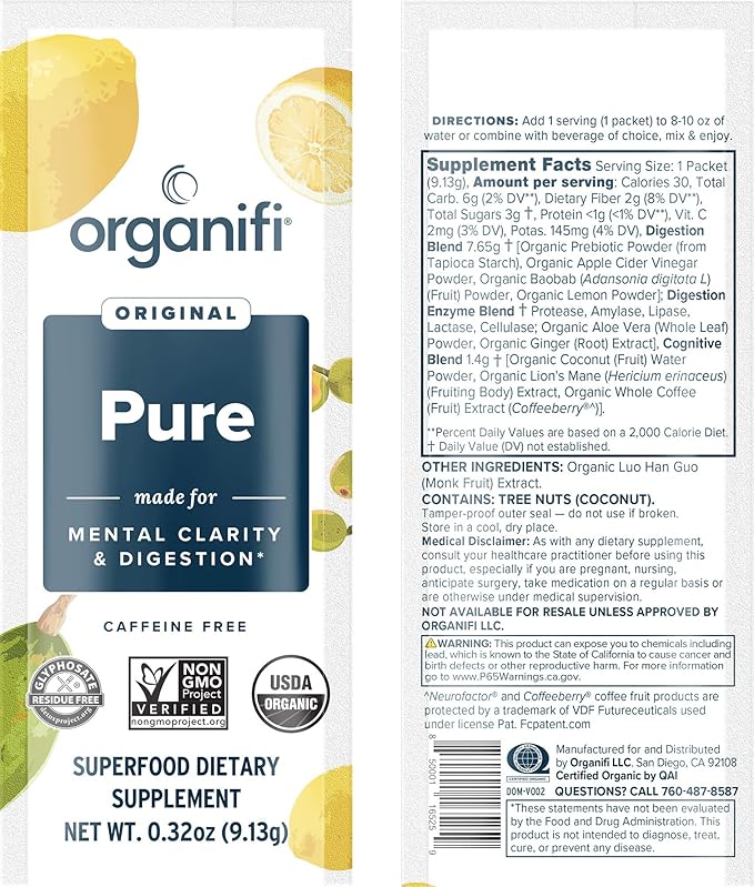 Organifi: Pure Smart Packs - Organic Brain and Immunity Support - Revitalizes Daily Mental Focus - Lemon Flavor, 3 Pack