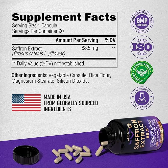 Natural Saffron Supplements - Pure Saffron Extract 88.5 mg - Made in USA - Mood | Focus | Vision | Energy Support - Eye Health for Women & Men - NonGMO Vegan Pills - 90 Powder Capsules, 3 Month Supply