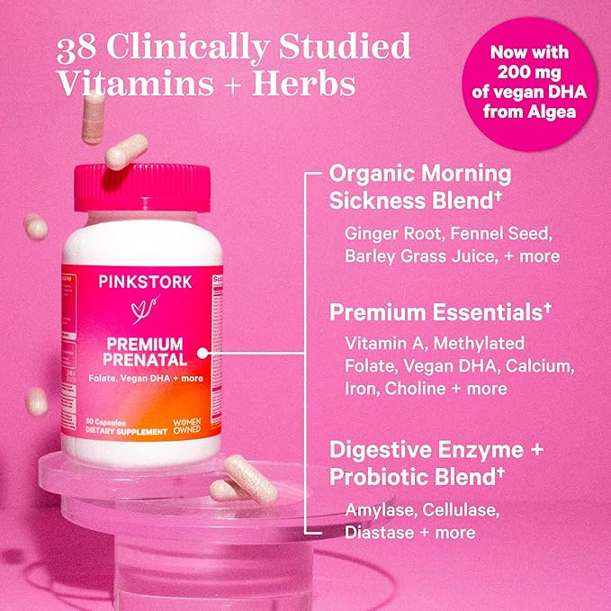 Pink Stork Premium Prenatal Vitamin for Women - Multivitamin & Probiotics - Morning Sickness, Digestion, & Energy - Folate, B6, & Iron - 60 Capsules - 2 Pack