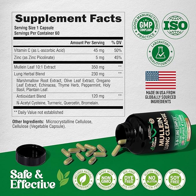 Mullein Leaf Extract for Lung Detox - Marshmallow Root | Echinacea | Oregano | Quercetin | NAC - 15-in-1 Lung Support & Cleanse for Smokers Supplement - Made in USA - As Drops, Tincture - 60 Capsules