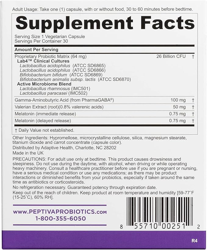 Peptiva 26 Billion CFU Probiotic and Sleep Support - Clinically Validated Multi-Strain Probiotic - Lactobacillus and Bifidobacterium, Melatonin - 30 Count
