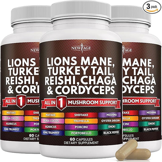 NEW AGE Lions Mane Mushroom Supplement with Turkey Tail Reishi Cordyceps Chaga with Marshmallow Root 180 Count