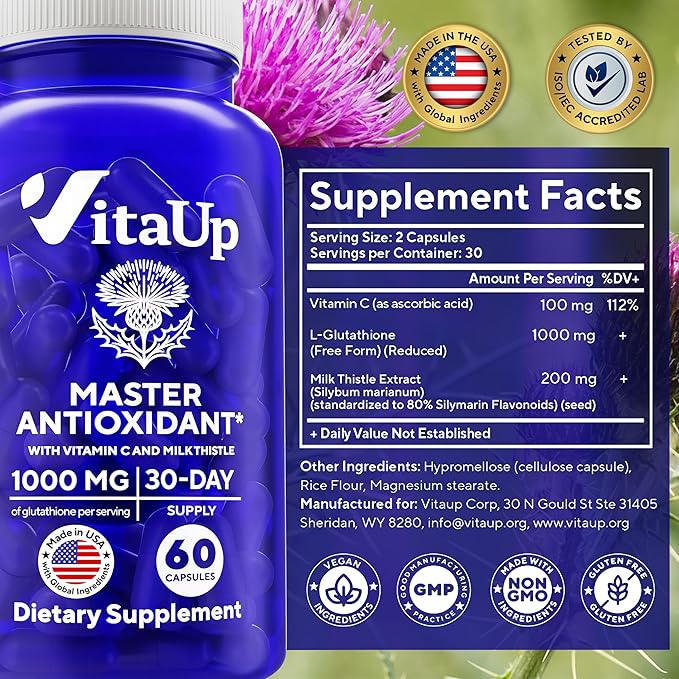 Reduced Glutathione Supplement 1000mg - USA Made Glutathione Capsules with Vitamin C & Milk Thistle for Liver Care, Skin Support & Immune Well-Being - 60 Count