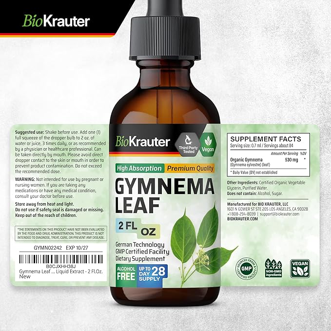 BIO KRAUTER Gymnema Sylvestre Extract Drops - Alcohol and Sugar Free - Vegan Gymnema Leaf Extract 2 Fl.Oz.