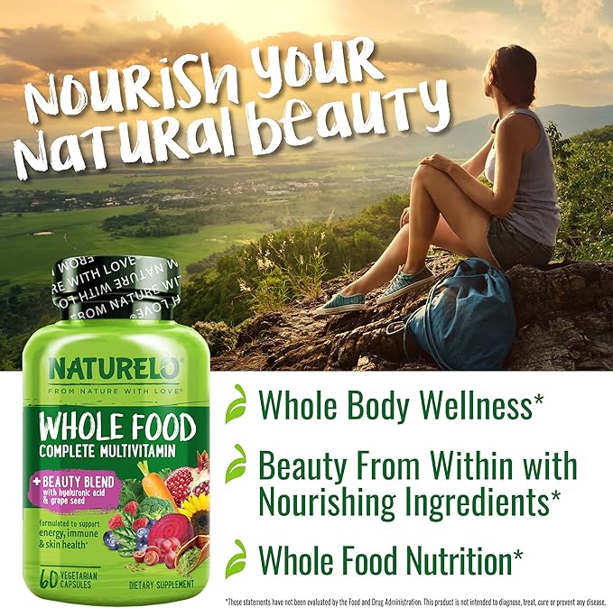 NATURELO Whole Food Multivitamin with Extra Hair, Skin & Nails Support - Beauty Blend with Hyaluronic Acid & Grape Seed - High Potency Biotin, Vitamin C, & Glutathione, 60 Vegan Capsules (Pack of 2)