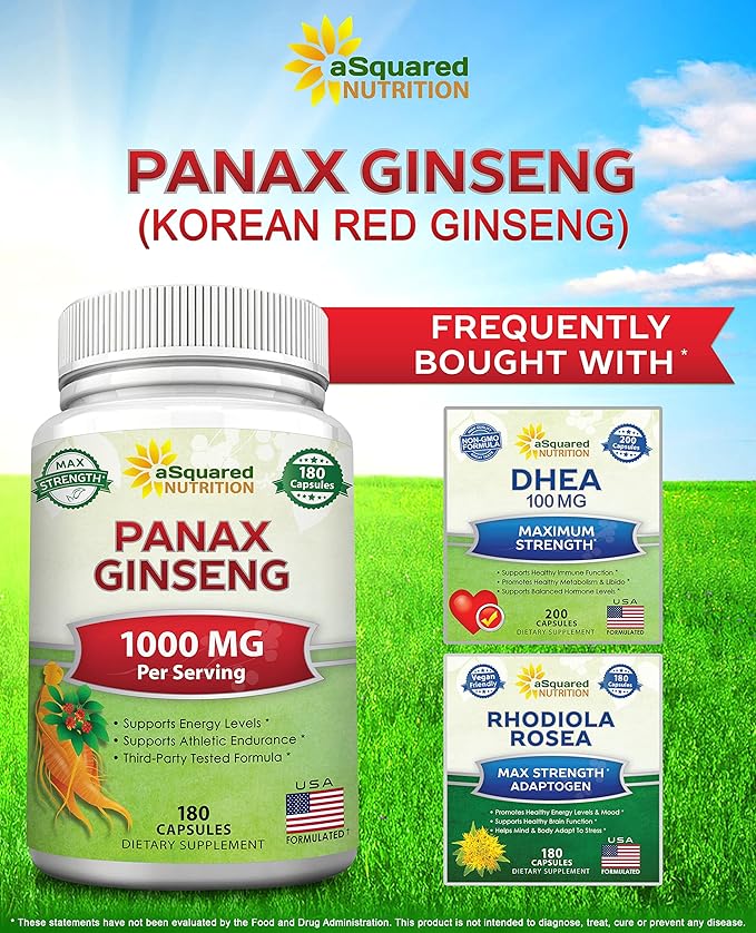 aSquared Nutrition Red Korean Panax Ginseng (1000mg Max Strength) 180 Capsules Root Extract Complex, Asian Powder Supplement, High Dosage Ginsenosides in Seeds, Tablet Pills for Women & Men-Sex Health