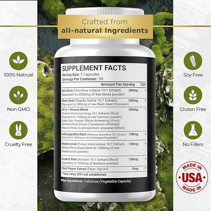 Sea Moss Black Seed Oil Ashwagandha Turmeric Bladderwrack Burdock - with Manuka, Honey Dandelion, ACV Black Pepper Gluten Free- 120 Count