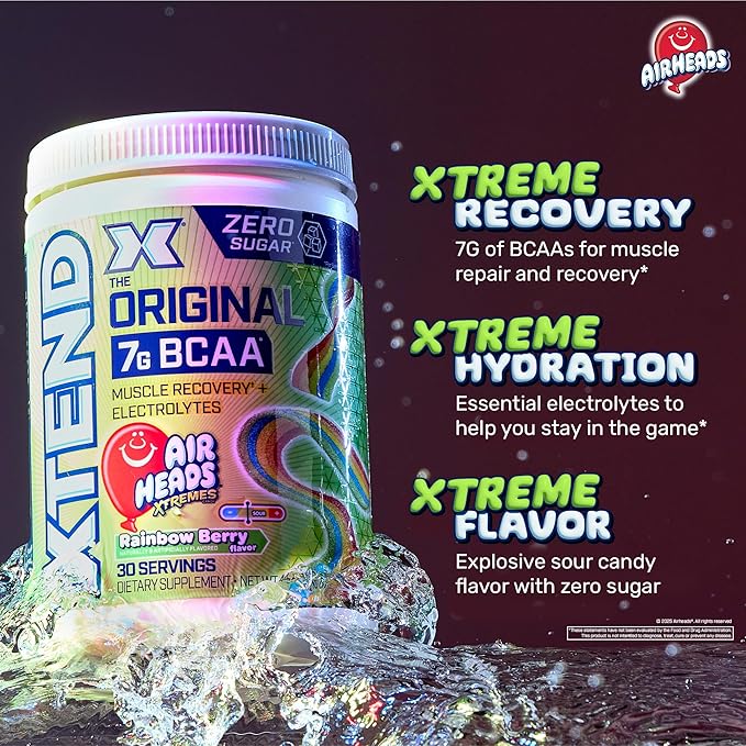 Original BCAA Powder Airheads Rainbow Berry Flavor, 7g BCAA and 2.5g L-Glutamine, Sugar Free Post Workout Muscle Recovery Drink with Amino Acids for Men & Women, 30 Servings