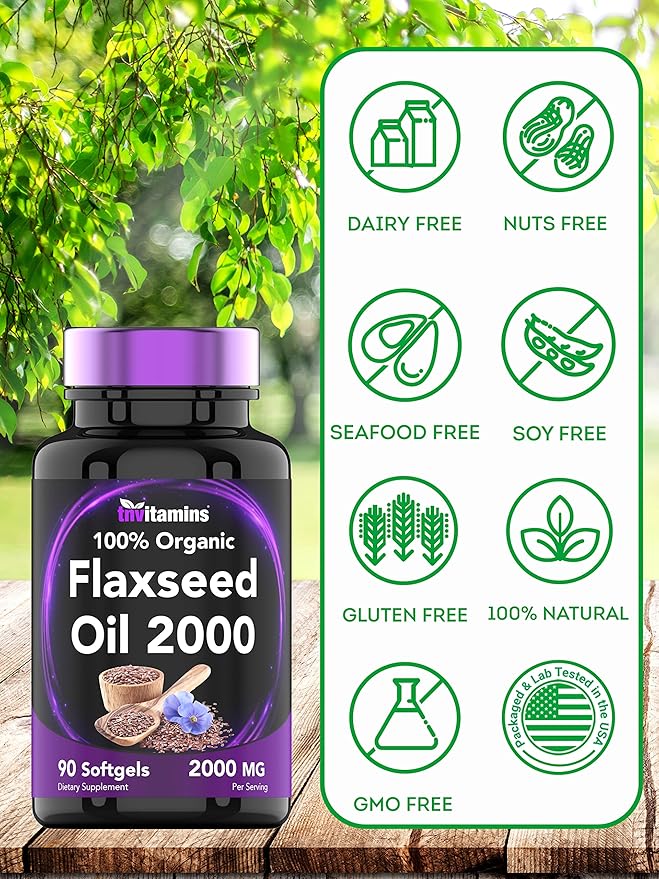 Organic Flaxseed Oil Softgels: 2000 mg - 90 Softgels | High in Omega-3 Fatty Acids | Flaxseed Oil Supplement for Women & Men | Non-GMO