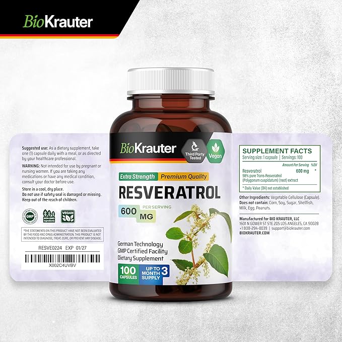 BIO KRAUTER Resveratrol Supplement Capsules 600 mg - 100 Count - Natural Antioxidant Source - 98% Pure Trans Resveratrol Powder - Vegan