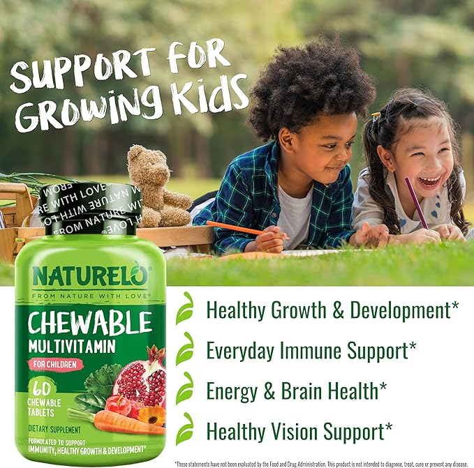 NATURELO Chewable Vitamin for Kids – Multivitamin with Whole Food Organic Fruit Blend - 60 Tablets for Children