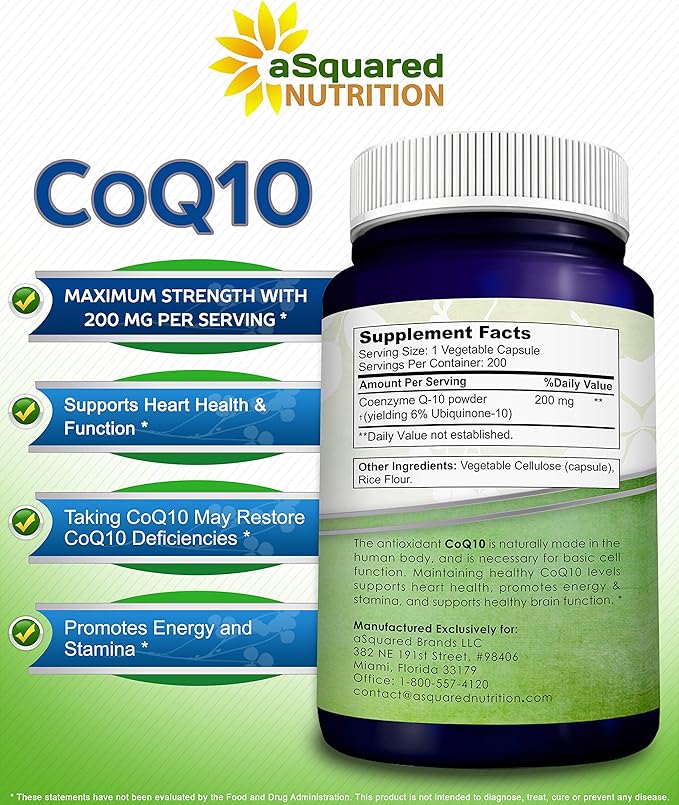 aSquared Nutrition CoQ10 (200 Capsules and 200mg) - High Absorption Vegan CO Q-10 Powder - Enzyme Ubiquinone Supplement Pills, Extra Antioxidant Coenzyme Q10 Vitamin, Coq 10 Alernative to Softgels