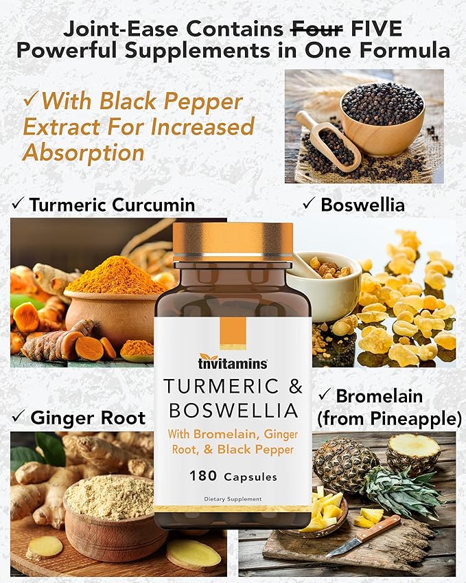Turmeric & Boswellia Complex (180 Capsules) with Ginger Root, Bromelain, & Black Pepper Extract | Joint-Ease Formula: Powerful Joint Support Supplement* | Produced in The USA