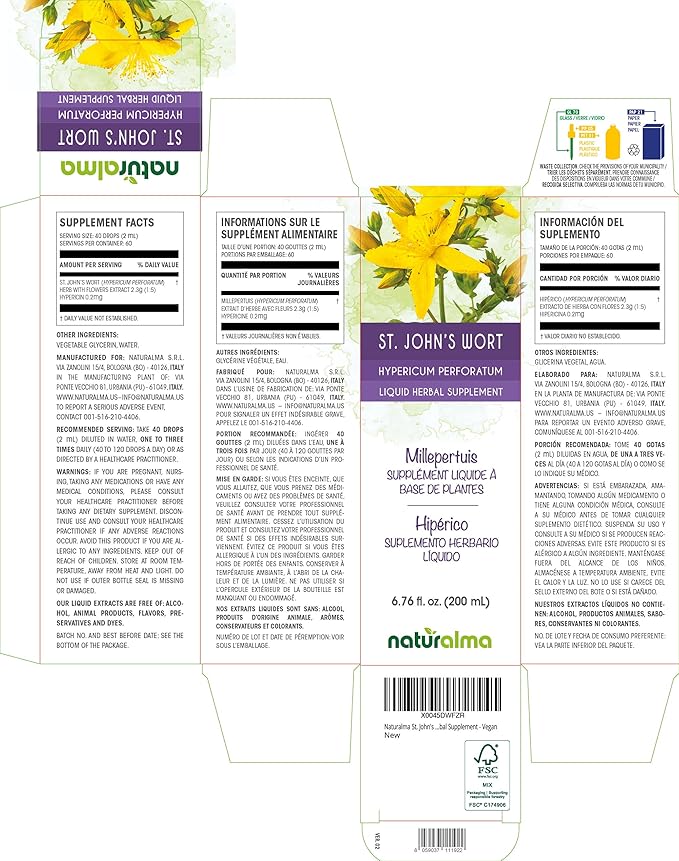 Naturalma St. John's Wort (Hypericum perforatum) herb with Flowers Alcohol-Free Tincture - 6.76 fl oz Liquid Extract in Drops - Herbal Supplement - Vegan
