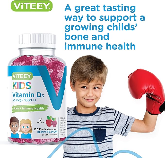 Vitamin D3 Kids Gummies 25mcg 1000 IU - Bone Health, Immune Health, Joint Muscle Support - Vegetarian, Gelatin Free, Gluten Free, GMO Free - Tasty Chewable Berry Flavored Gummy