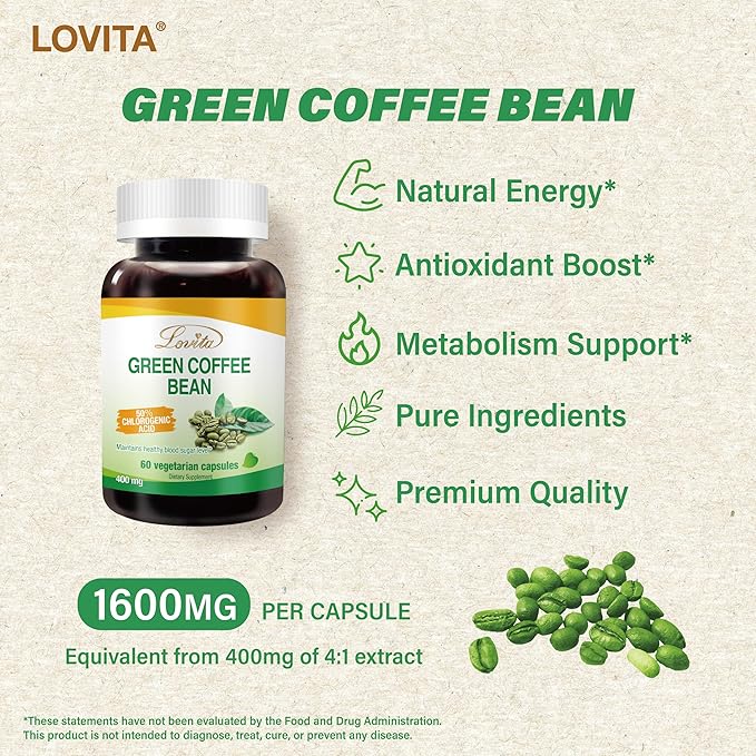 Lovita Green Coffee Bean Extract: Natural Antioxidant, High Potency, 50% Chlorogenic Acid, Vegan-Friendly Dietary Supplement - 60 Capsules