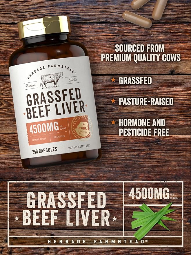 Carlyle Grass Fed Beef Liver Capsules 4500mg | 250 Count | Desiccated Supplement | Non-GMO, Gluten Free | by Herbage Farmstead