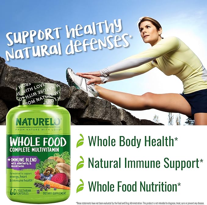 NATURELO Whole Food Multivitamin + Immune Blend with Elderberry & Mushrooms - Complete Multivitamin with Extra Immune Support - C, D3, Zinc, Elderberry, Reishi, Shitake, 60 Vegan Capsules (Pack of 2)