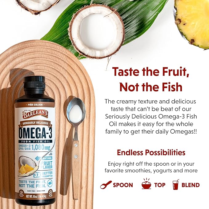 Barlean's Omega 3 Fish Oil Liquid Supplement with Vitamin D, Pina Colada, 1080mg EPA and DHA Fatty Acid, 16 oz