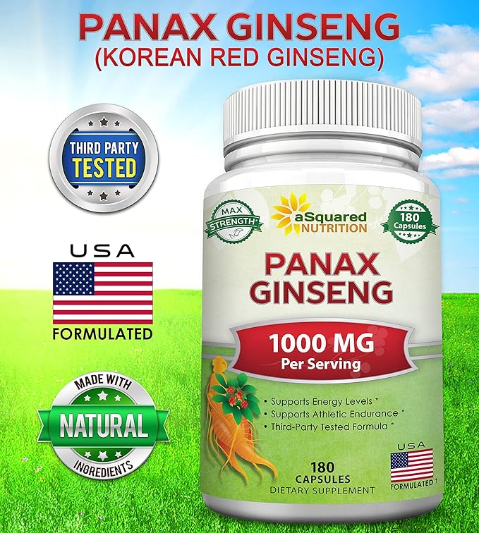 aSquared Nutrition Red Korean Panax Ginseng (1000mg Max Strength) 180 Capsules Root Extract Complex, Asian Powder Supplement, High Dosage Ginsenosides in Seeds, Tablet Pills for Women & Men-Sex Health