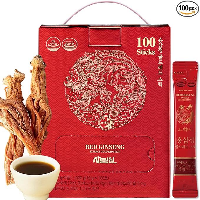 Korean Food Sanglimwon Red Ginseng Gold Stick, 7mg Ginsenosides, 100 Sticks (4-Month Supply), Bulk Korean Panax Ginseng Extract for Energy and Wellnes, 상림원 홍삼