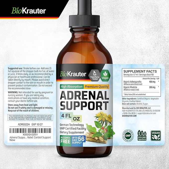 BIO KRAUTER Adrenal Support Tincture - Rhodiola & Ashwagandha Supplements - Vegan Mood Support Drops 4 Fl.Oz.