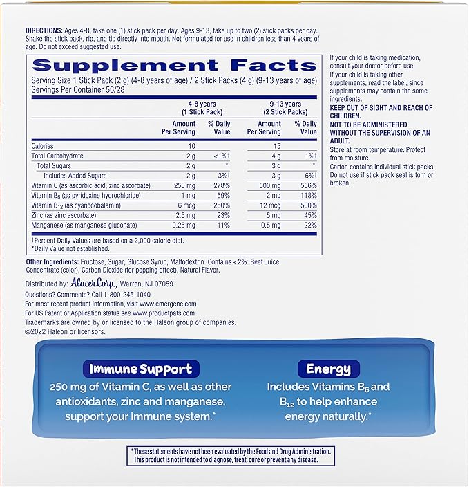 Emergen-C Kidz Crystals, On-the-Go Emergen-C Immune Support Supplement with Vitamin C, B Vitamins, Zinc and Manganese, Sparkly Strawberry - 56 Stick Packs