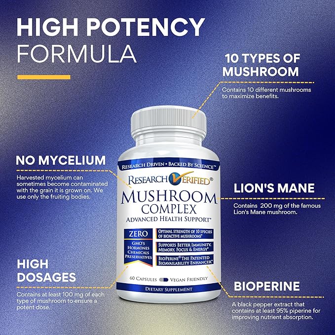 Research Verified Mushroom Complex - Support Immunity, Boost Antioxidants, Improve Cognitive Function - 10 Mushrooms Including Reishi, Maitake, and Shiitake - 60 Capsules - Vegan