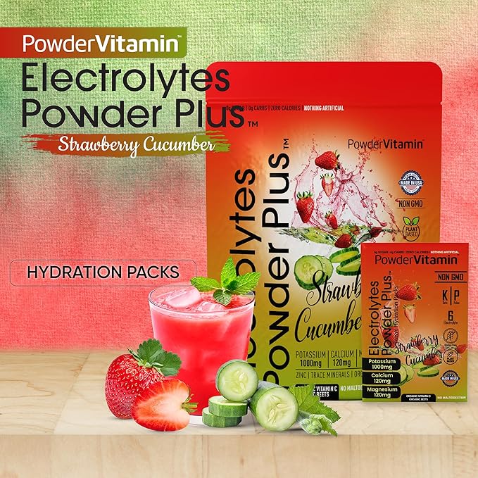 Electrolytes Powder Plus, Keto, Strawberry Cucumber, Sugar Free, Pink Himalayan Salt, 1000mg Potassium, 120mg Calcium, 120mg Magnesium, Non-GMO, Zero Calories, (16 Hydration Packets)