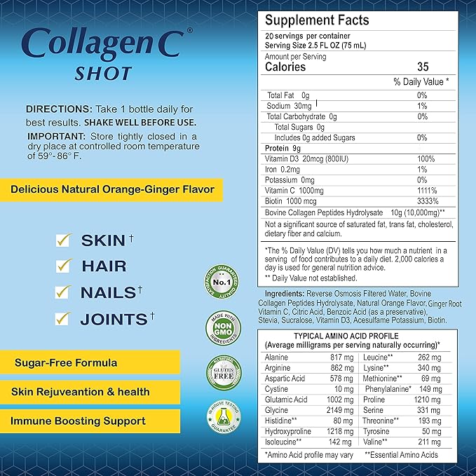 CollagenC - skin glow shot 20 pack - Collagen 10g, Vitamin c 1000mg, Biotin 1000mcg, Vitamin D 800 IU - Natural Orange-Ginger Flavor 2.5oz Bottle - 20 Pack