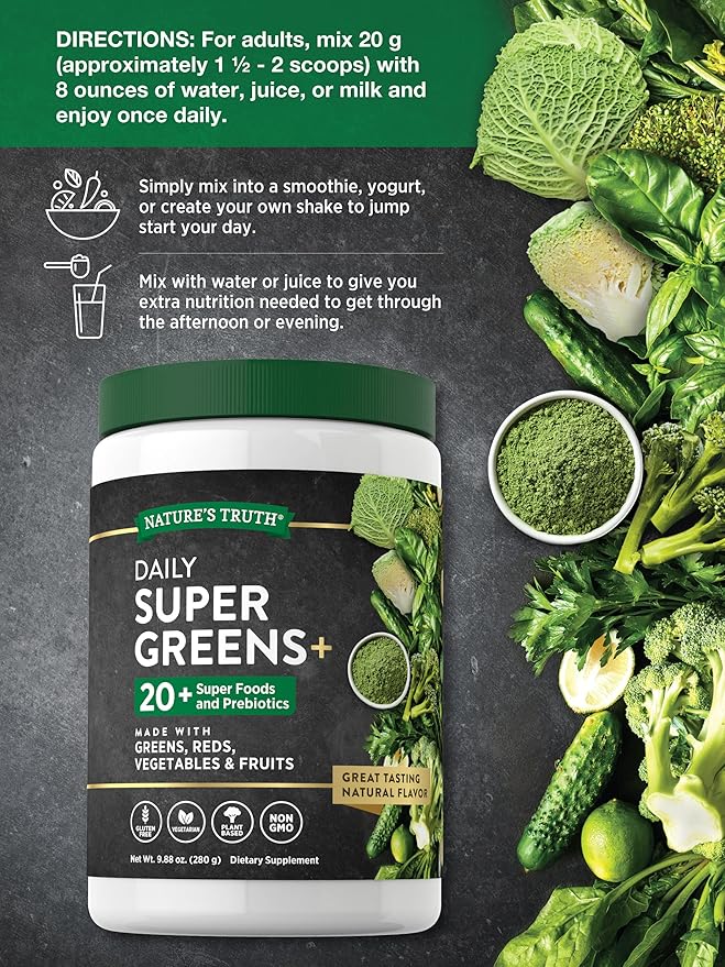 Nature's Truth Super Greens Superfood Powder Supplement | Fruit & Vegetables Blend | Juice & Smoothie Mix | 9.88 oz | Vegan, Non-GMO & Gluten Free