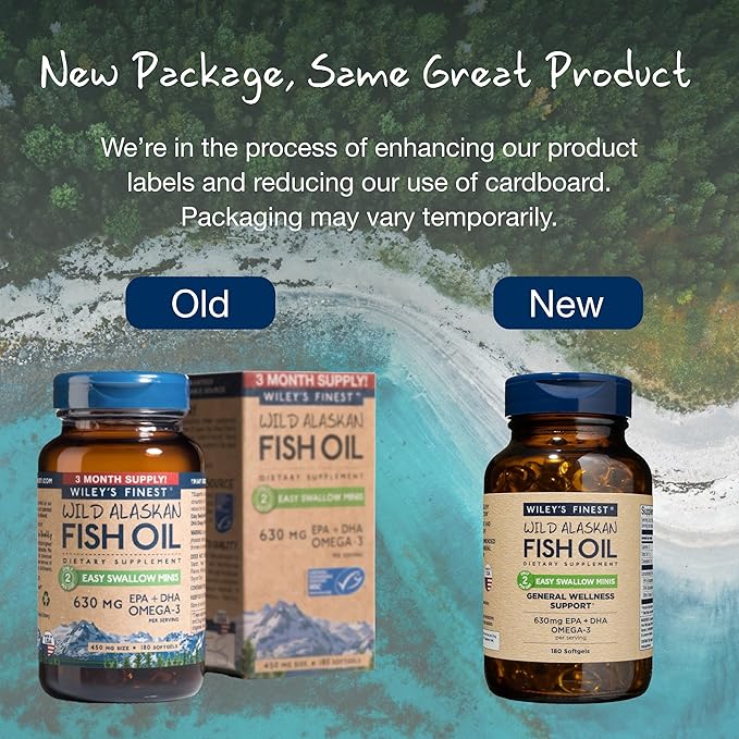 Wiley's Finest Wild Alaskan Fish Oil Easy Swallow Minis - Omega-3 Fish Oil Supplement for Adults and Kids - Double-Strength 630mg EPA and DHA Natural Supplement - 180 Mini Softgels (90 Servings)