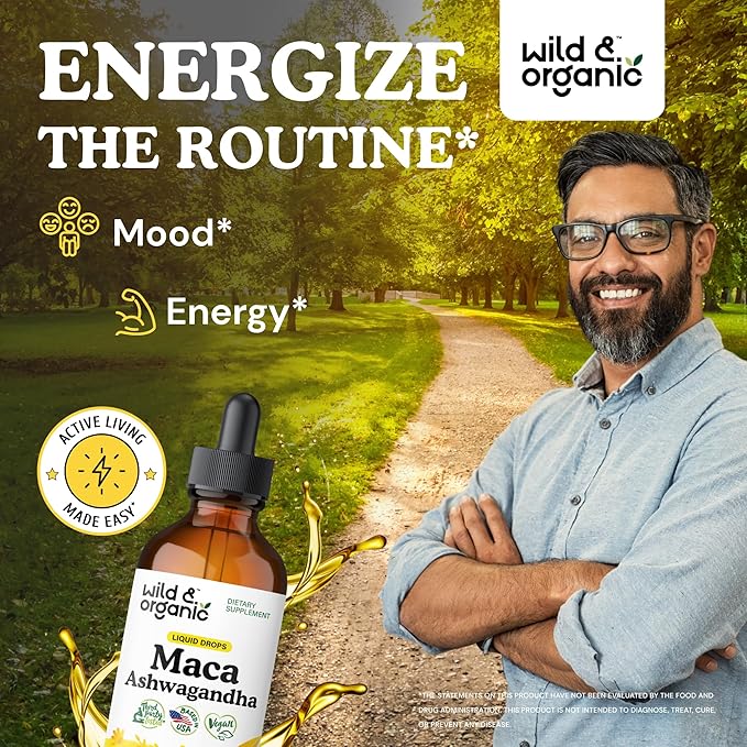 Wild & Organic Maca Root Ashwagandha Drops for Men and Women - Liquid Maca Ashwagandha Supplement for Overall Support - Peruvian Extract Tincture - Vegan, Sugar & Alcohol-Free - 4 fl oz