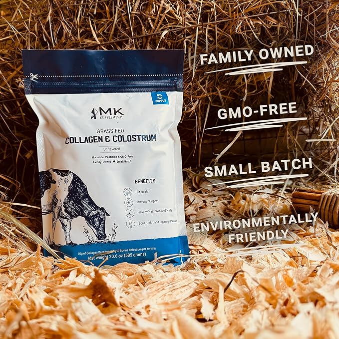 MK Supplements Grass-Fed Collagen & Colostrum Supplement, 45 Servings, Non-GMO, Gluten Free, Supports Gut Health, Immunity, Hair, Skin, Nails, Joints