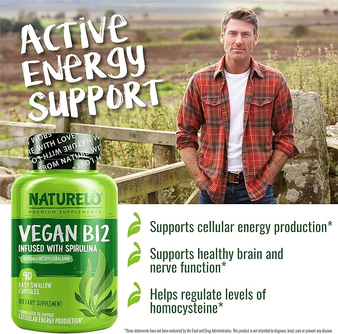 NATURELO Vegan B12 - Methyl B12 with Organic Spirulina - High Potency Vitamin B12 1000 mcg Methylcobalamin - Supports Healthy Mood, Energy, Heart & Eye Health - 90 Capsules (Pack of 2)