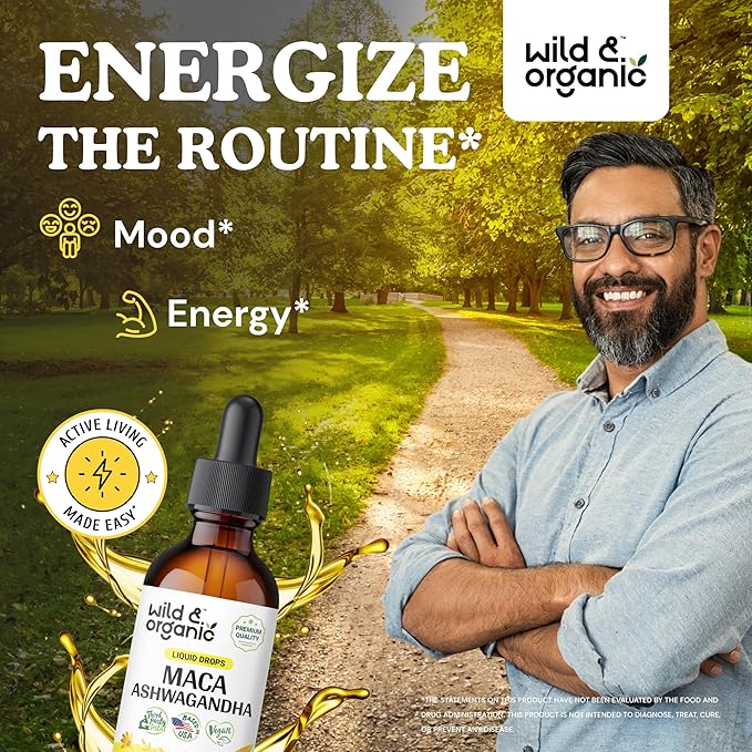 Wild & Organic Maca Ashwagandha Drops for Men and Women - Peruvian Maca Root and Ashwagandha Tincture for Overall Support - Vegan, Sugar & Alcohol-Free Extract Supplement - 2 fl oz