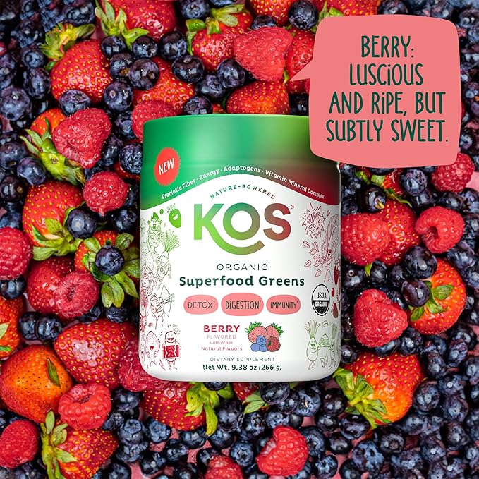 KOS Organic Superfood Greens Powder - Gut Health from Prebiotic Fiber, Supergreens and Adaptogens - USDA Certified Organic, Made in a GMP Certified Facility - 28 Servings Berry
