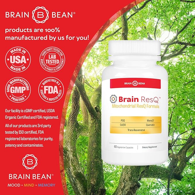 Brain ResQ Advanced Mitochondrial Formula with PQQ, CoQ10, Trans Resveratrol, MenaQ7 & Quercetin Supplement - 100mg of CoQ10 & 15mg PQQ โ Supports Brain, Heart & Cellular Health โ 60 Capsules