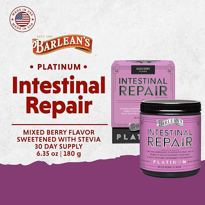 Barlean’s Intestinal Repair Gut Health Powder with 16 Digestive Supplements, L-Glutamine, Marshmallow & Licorice Root, Aloe Vera, and Fiber Mixed Berry Flavor, 6.35 oz
